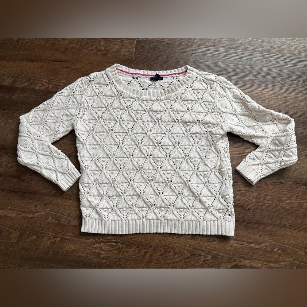 TOMMY HILFIGER ivory crochet open knit sweater sz XL cottagecore chunky Pom Pom - Picture 7 of 16